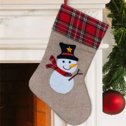 Shatchi Large Xmas Stocking Printed Pattern Burlap Hessian Linen Sack Sock Hanging Bags Snowman 26x25cm in Brown - Size: 26x25 cm