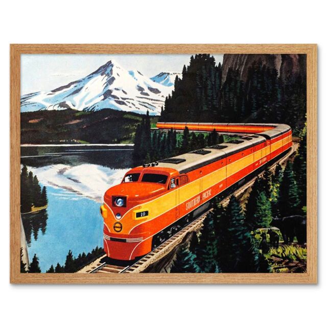 "Artery8 Wall Art Print Southern Pacific Train Railroad Travel Retro Ad Mountain Landscape Painting Art Framed in Light Oak - Size: W12"" x H16""" - image 1
