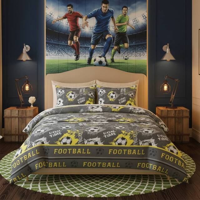 Snug City Football Kids Bedding Set Sporty Soccer Design for Children in Grey - Size: Single - image 1