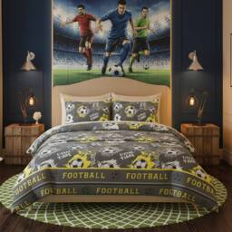 Snug City Football Kids Bedding Set Sporty Soccer Design for Children in Grey - Size: Single - thumbnail 1