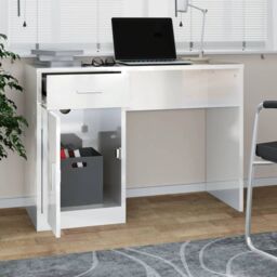 Berkfield Home Desk with Drawer&Cabinet High Gloss White 100x40x73 cm Engineered Wood - Size: 100 x 40 x 73 cm - thumbnail 3