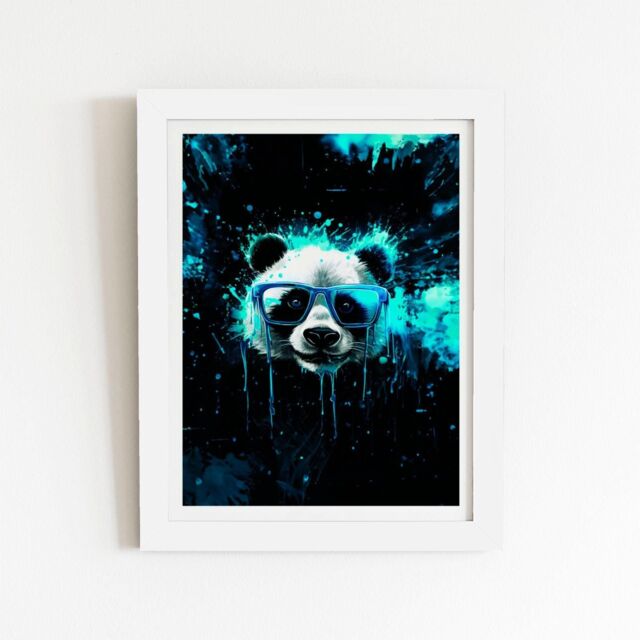 "Warren Reed - Designer Blue Splashart Panda Face Framed Art Print in White - Size: W24"" x H36""" - image 1