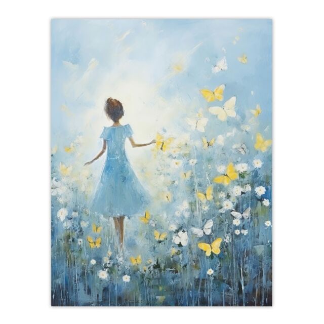 Artery8 Girl In Wildflower Meadow Oil Painting Soft Blue Yellow Butterflies Spring Landscape Extra Large XL Unframed Wall Art Poster Print - image 1