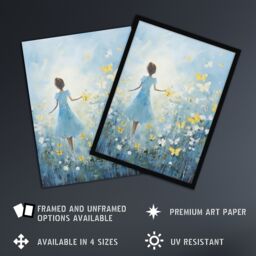 Artery8 Girl In Wildflower Meadow Oil Painting Soft Blue Yellow Butterflies Spring Landscape Extra Large XL Unframed Wall Art Poster Print - thumbnail 2