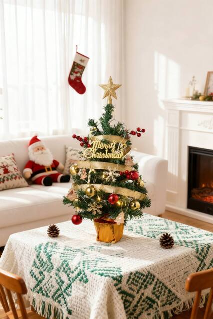 Living and Home 61cm Mini Pre-Lit Christmas Tree with Star Topper, Ribbon & Ornaments - image 1