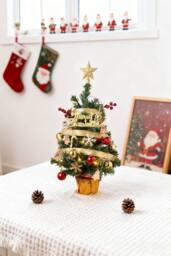 Living and Home 61cm Mini Pre-Lit Christmas Tree with Star Topper, Ribbon & Ornaments - thumbnail 2