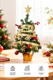 Living and Home 61cm Mini Pre-Lit Christmas Tree with Star Topper, Ribbon & Ornaments - thumbnail 3
