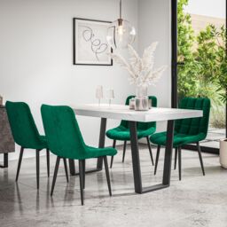 More4Homes Aria Dining Table & Chairs - White Marble Effect Table Top w Black Legs + Nova Velvet Dining Chair Set Of 6 in Green