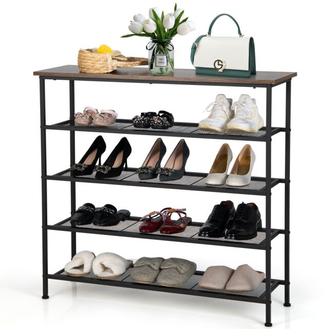 Costway 5-Tier Shoe Rack Industrial Shoe Organizer w/ Wooden Top Flat Mesh Shelves in Light Brown - image 1