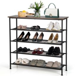 Costway 5-Tier Shoe Rack Industrial Shoe Organizer w/ Wooden Top Flat Mesh Shelves in Light Brown - thumbnail 1