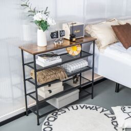 Costway 5-Tier Shoe Rack Industrial Shoe Organizer w/ Wooden Top Flat Mesh Shelves in Light Brown - thumbnail 6