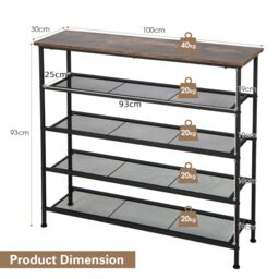 Costway 5-Tier Shoe Rack Industrial Shoe Organizer w/ Wooden Top Flat Mesh Shelves in Light Brown - thumbnail 2