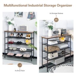 Costway 5-Tier Shoe Rack Industrial Shoe Organizer w/ Wooden Top Flat Mesh Shelves in Light Brown - thumbnail 3