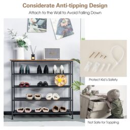 Costway 5-Tier Shoe Rack Industrial Shoe Organizer w/ Wooden Top Flat Mesh Shelves in Light Brown - thumbnail 4