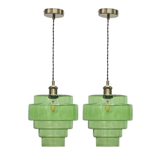First Choice Lighting Set of 2 Benson - 5 Tier Green & Antique Brass Ceiling Pendant Lights - image 1