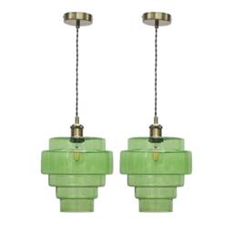 First Choice Lighting Set of 2 Benson - 5 Tier Green & Antique Brass Ceiling Pendant Lights - thumbnail 1
