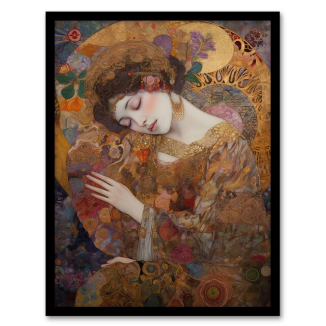 "Artery8 Asleep Gustav Klimt-Inspired Portrait Of A Woman Bedroom Art Print Framed Poster Wall Decor 12x16 inch in Black - Size: W12"" x H16""" - image 1