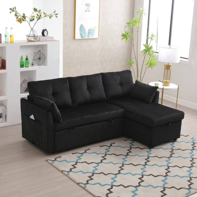Direct Wicker L-Shape Sofa with Storage & Pull-Out Bed, 3-in-1 Convertible Couch in Black - Size: 1 Pack - image 1
