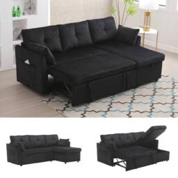 Direct Wicker L-Shape Sofa with Storage & Pull-Out Bed, 3-in-1 Convertible Couch in Black - Size: 1 Pack - thumbnail 2
