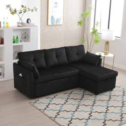 Direct Wicker L-Shape Sofa with Storage & Pull-Out Bed, 3-in-1 Convertible Couch in Black - Size: 1 Pack
