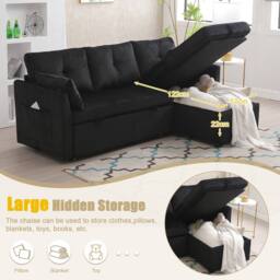 Direct Wicker L-Shape Sofa with Storage & Pull-Out Bed, 3-in-1 Convertible Couch in Black - Size: 1 Pack - thumbnail 5
