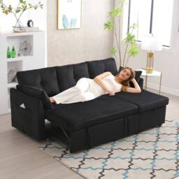 Direct Wicker L-Shape Sofa with Storage & Pull-Out Bed, 3-in-1 Convertible Couch in Black - Size: 1 Pack - thumbnail 9