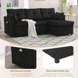 Direct Wicker L-Shape Sofa with Storage & Pull-Out Bed, 3-in-1 Convertible Couch in Black - Size: 1 Pack - thumbnail 7