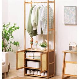 Kelvenix Tall Bamboo Clothes Rack Hanging Rail Coat Stands in Brown - thumbnail 1