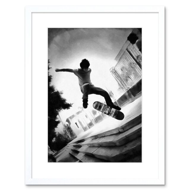 "Artery8 Wall Art Print Skateboarder Trick BW Framed in White - Size: W7"" x H9""" - image 1
