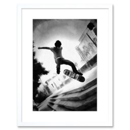 "Artery8 Wall Art Print Skateboarder Trick BW Framed in White - Size: W7"" x H9""" - thumbnail 1