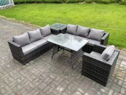 Fimous 7 Seater Wicker PE Rattan Garden Dining Set Outdoor Furniture Sofa with Patio Dining Table Side Table in Dark Grey - thumbnail 2