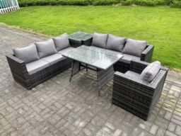 Fimous 7 Seater Wicker PE Rattan Garden Dining Set Outdoor Furniture Sofa with Patio Dining Table Side Table in Dark Grey - thumbnail 1