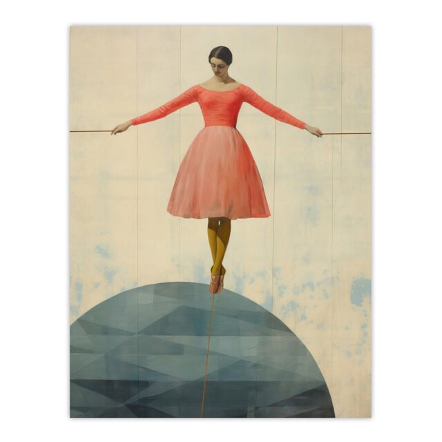 "Wee Blue Coo Wall Art Print Life is a Tightrope Female Balancing Act Vintage Style Blue Pink Oil Painting Poster - Size: W24"" x H32""" - image 1
