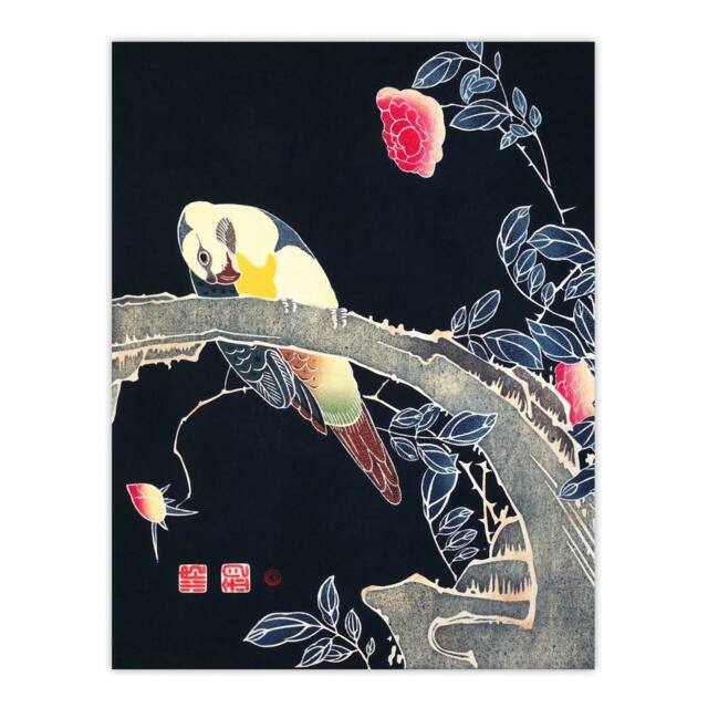 "Artery8 Parrot Rose Flower Bush Japanese Vintage Wall Art Print Jakuchu - Size: W18"" x H24""" - image 1