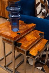Orsina Set of 3 Natural Teak Wood Nesting Tables, Sturdy Handcrafted End Tables, Luxe Black Two-Toned Bedside Tables in Silver - thumbnail 2