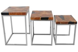 Orsina Set of 3 Natural Teak Wood Nesting Tables, Sturdy Handcrafted End Tables, Luxe Black Two-Toned Bedside Tables in Silver - thumbnail 4