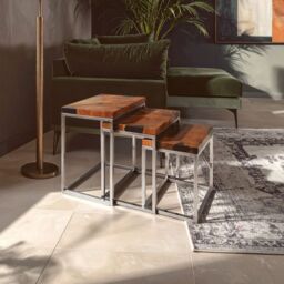 Orsina Set of 3 Natural Teak Wood Nesting Tables, Sturdy Handcrafted End Tables, Luxe Black Two-Toned Bedside Tables in Silver - thumbnail 1