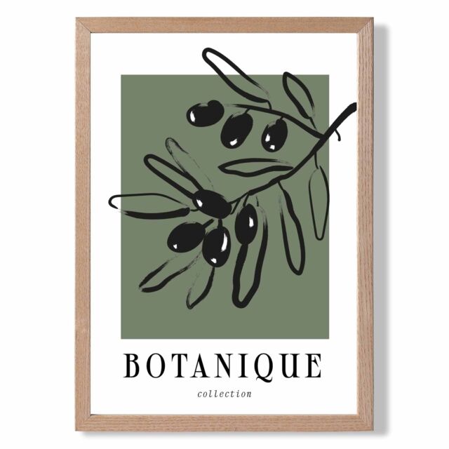 ARTZE Green & Black Olive Boho Sketch Floral Framed Print SIZE: A4 with Oak Frame - image 1