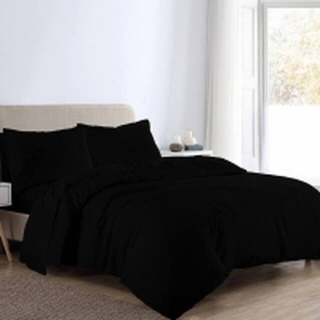 Homes-Linen Flannelette Plain Reversible Duvet Cover Set with Pillowcases in Black - Size: Double - image 1