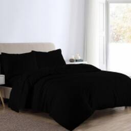 Homes-Linen Flannelette Plain Reversible Duvet Cover Set with Pillowcases in Black - Size: Double