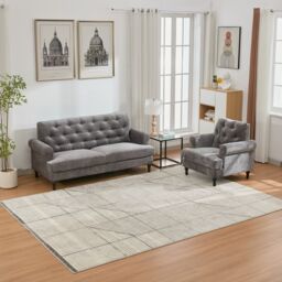 FURNITURE ONE Velvet Tufted Sofa Set, Gray Velvet Sectional Couch Suite-1+3 Set in Grey - Size: 1 Pack - thumbnail 3