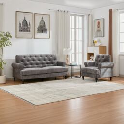 FURNITURE ONE Velvet Tufted Sofa Set, Gray Velvet Sectional Couch Suite-1+3 Set in Grey - Size: 1 Pack - thumbnail 1