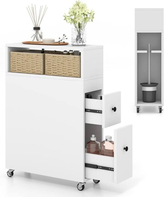 Gymax Movable Bathroom Cabinet Narrow Cabinet With 2 Drawer Rattan Baskets in White - image 1