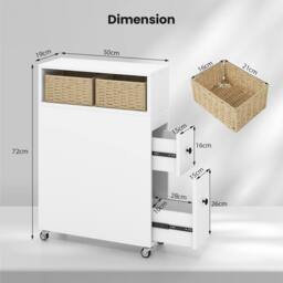 Gymax Movable Bathroom Cabinet Narrow Cabinet With 2 Drawer Rattan Baskets in White - thumbnail 4