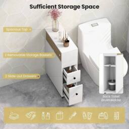 Gymax Movable Bathroom Cabinet Narrow Cabinet With 2 Drawer Rattan Baskets in White - thumbnail 2