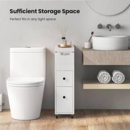 Gymax Movable Bathroom Cabinet Narrow Cabinet With 2 Drawer Rattan Baskets in White - thumbnail 6