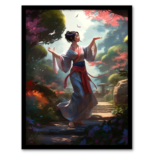 Artery8 Wall Art Print Geisha Performing in Tranquil Garden Painting Graceful Traditional Dance in Spring Bloom Flowers Art Framed - Size: A4 - image 1
