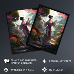 Artery8 Wall Art Print Geisha Performing in Tranquil Garden Painting Graceful Traditional Dance in Spring Bloom Flowers Art Framed - Size: A4 - thumbnail 2