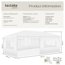 tectake Gazebo Novara with 5 side panels, water-resistant, 6x3m in White - Size: Large - thumbnail 6
