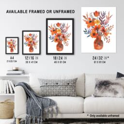 "Artery8 Bright Autumnal Flower Bouquet Vase Watercolour Wall Art Print in Orange - Size: W24"" x H32""" - thumbnail 3